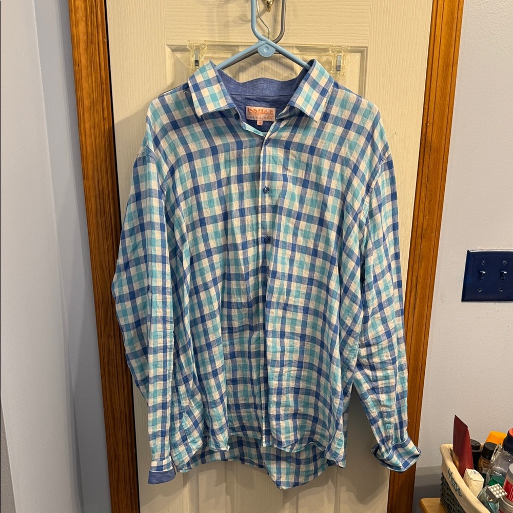 Inserch Men's Blue Plaid Casual Button Down Shirt - linen